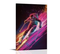 CBWVUWHJW Affiche de ski - Veines de la vitesse - Art mono-ligne du skieur sculptant à travers des sentiers de neige éclairés au néon dans un espace négatif - Décoration murale tendance - Poster d'art