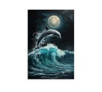 CBWVUWHJW Peinture à l'huile animale - Dauphin gracieux sautant à travers les vagues turquoise au clair de lune - Décoration murale tendance - Poster d'art à suspendre et peinture murale 60 x 90 cm