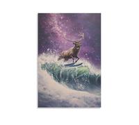 CBWVUWHJW Peinture à l'huile animale d'un cerf surfant sur des vagues enneigées sous un ciel éclairé par une aurore, brillant à travers un champ violet poussiéreux. Décoration murale à la mode