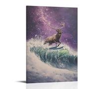 CBWVUWHJW Peinture à l'huile animale d'un cerf surfant sur des vagues enneigées sous un ciel éclairé par une aurore, brillant à travers un champ violet poussiéreux. Décoration murale à la mode