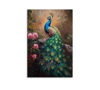CBWVUWHJW Peinture à l'huile animale - Paon coloré affichant des plumes vives dans un jardin luxuriant - Décoration murale tendance - Poster d'art à suspendre et peinture murale 40 x 60 cm