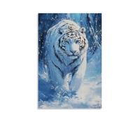 CBWVUWHJW Peinture à l'huile animale - Tigre blanc royal debout dans une chute de neige avec paysage d'hiver bleu glacial décoration murale à la mode - Poster d'art à suspendre et peinture murale 40 x