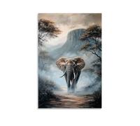CBWVUWHJW Peinture à l'huile animale - Vieux éléphant sage marchant à travers un paysage africain brumeux à l'aube - Décoration murale tendance - Poster d'art à suspendre et peinture murale 20 x 30 cm
