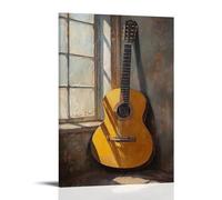 CBWVUWHJW Peinture à l'huile d'instruments de musique - Guitare classique appuyée contre une fenêtre ensoleillée, projetant des ombres délicates - Décoration murale à suspendre - 20 x 30 cm