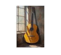 CBWVUWHJW Peinture à l'huile d'instruments de musique - Guitare classique appuyée contre une fenêtre ensoleillée, projetant des ombres délicates - Décoration murale à suspendre - 20 x 30 cm