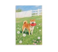 CBWVUWHJW Poster mural à suspendre avec inscription « A Shiba Inu on the Grass, Holding A Frisbee And Waiting for Instructions » - 30 x 45 cm