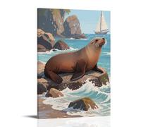CBWVUWHJW Poster mural tendance à suspendre avec un lion de mer allongé sur des rochers de rivage, 20 x 30 cm