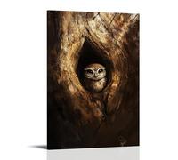 CBWVUWHJW Une petite chouette qui regarde depuis le creux d'un arbre ancien, encadrée par Earthy Brown Brushstrokes. Décoration murale tendance - Poster et peinture murale à suspendre 40 x 60 cm