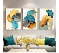 CBZKTR Tableau moderne bleu vert jaune or décoration de salon feuille de plante abstraite nordique impression sur toile 50x60cm (20x24 pouces) x3 avec cadre doré