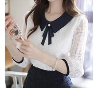 CBZOJBKPZDY Chemises Décontractées pour Dames - Mode Printemps Été Dames Chemise en Mousseline De Soie Rétro Col en V Noeud Couture Demi-Manches Élégant Haut en Dentelle Simple Blanc Décontracté Fête