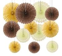 CC wonderland zone Lot de 12 éventails ronds en papier de soie à suspendre au plafond pour fête prénuptiale, bohème, anniversaire, mariage, décoration d'intérieur - Marron neutre crème
