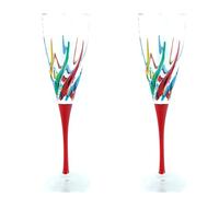 CC Zecchin Lot de 2 verres à champagne de Murano peints à la main avec tige rouge multicolore
