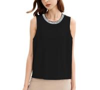 CCAIPU Debardeur Femme Été Elégant sans Manches Haut en Tricot Col Rond et Perles Décontracté Ample sans Manches Tank Top (FR/ES, Alpha/Lettres, Taille Unique, Taille Normale, Taille Normale, Noir)