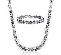 CCAIPU Ensemble collier et bracelet en acier inoxydable argenté de 5 mm pour hommes et femmes, chaîne byzantine élégante et cool pour hommes (55cm)