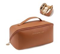 CCAIPU Trousse de Maquillage de Voyage pour Femme, Grande Capacité Maquillage en Cuir Synthétique Trousse de Toilette Portable Plate avec Poignée (Marron)