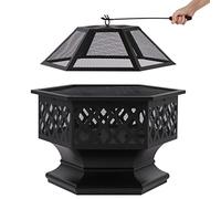 CCBUY Foyer d'extérieur portable en acier - Foyer d'intérieur multifonction en fer - Chauffage hexagonal de jardin avec protection contre les étincelles - Maille/tisonnier - Diamètre : 70 cm - Q
