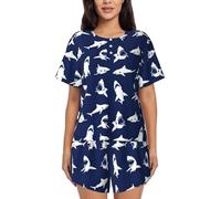 cchgnm Ensemble de pyjama à manches courtes pour femme, motif requin avec différents gestes imprimés, vêtements de détente deux pièces doux, pyjama confortable, Noir , S