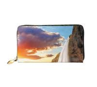 cchgnm Islande Waterfall River Field Sunset Print Classic Leather Long Clutch Wallet,Stylish Men Sand Women's Wallet with Zipper and Multiple Card Slots