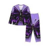 cchgnm Pyjama doux à manches longues imprimé papillon violet onirique, costumes de pyjama pour femmes, Noir , M