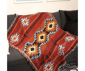CCHYF Couverture aztèque, style indien, décoration bohème, réversible, pompons tissés, pour canapé, lit, chaise, mur, salon, extérieur, voyage, rouge, 129,5 x 160 cm