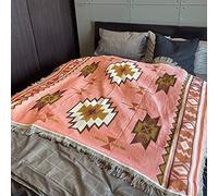 CCHYF Couverture indienne aztèque sud-ouest bohème réversible tissée avec pompons pour extérieur, pique-nique, camping, plage, tapisserie mexicaine pour canapé-lit