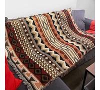 CCHYF Couverture tissée à pampilles, motif aztèque amérindien, marron du sud-ouest de style bohème - Couverture tissée à pompons, pour extérieur, plage, pique-nique, camping - 130 x 160 cm