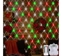 CCILAND Filet lumineux de Noël rouge, blanc et vert, 1,5 m x 1,5 m, 100 LED, avec télécommande, 8 modes, étanche, en maille, pour buisson, jardin, clôture, mur, fête, décoration de mariage