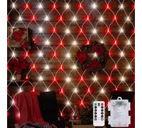 CCILAND Filet lumineux de Noël rouge et blanc à piles, 1,5 m x 1,5 m, 100 LED, étanche, avec télécommande, 8 modes, minuteur, guirlande lumineuse en maille pour jardin, buisson, clôture, décoration