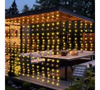 CCILAND Rideaux lumineux à énergie solaire, 2 x 2 m, 200 LED, 8 modes, étanche, fil vert, guirlande lumineuse pour terrasse, mariage, maison, jardin, décoration de fenêtre - Blanc chaud