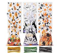 Ccinee Lot de 150 sacs à friandises en cellophane transparent avec 300 attaches à nouer pour Halloween - Emballage de collations et biscuits