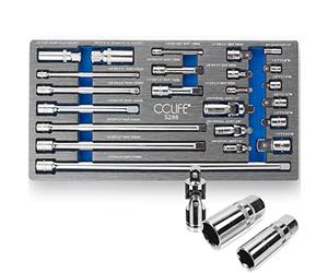 CCLIFE 23 pièces Jeu de Rallonge cliquet 1/4' 3/8' 1/2', Adaptateur de douille avec système à bille et ressort et bougies d'allumage | CR-V