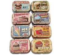 CCUUHJ Lot de 8 mini boîtes de rangement décoratives vintage en métal avec couvercles à charnière - 6 x 4 x 2,5 cm - Motif beurre, dessert, bijoux - 6 x 4 x 2,5 cm (motif dessus)
