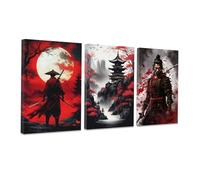 CCWACPP 3 pièces d'art mural japonais Samurai Peinture sur toile Impression de figurine guerrier Affiches Bushido Thème de la culture japonaise Oeuvre d'art pour décoration de chambre encadrée (D