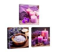 CCWACPP Toile murale zen à 3 panneaux - Impression florale de bougies d'aromathérapie violettes - Décoration murale encadrée pour salle de bain, spa, traitement de salle de bain, salle de bain (30 x