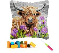 CCWROAN Housses de coussin en forme de vache des Highlands - Kits de crochet pour adultes, débutants et enfants - Fabrication de crochet pré-imprimé sur toile et laine - Loisirs créatifs - Décoration