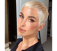 ccXrC Short Pixie Cut Wigs for White Women with Bangs Natural Wavy Synthetic Hair Wigs Heat Resistant Fiber Hair Replacement Wigs