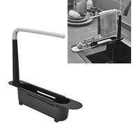 CCYLEZ Porte-éponge pour évier de cuisine, étagère de rangement télescopique pour éponge, brosse à savon, chiffon, organisateur d'évier extensible en PP Le noir