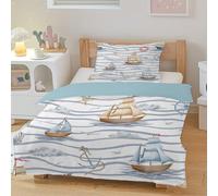 CCZM Housse de Couette 140x200 Grands Voiliers, Parure de Lit 1 Personne Imprimée Étoile De Mer Ancres, Linge de Lit Mouettes Réversible avec 2 Taie d'oreiller, Fermeture Éclair, F-667