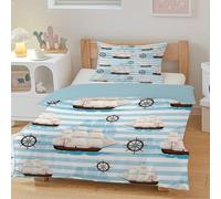 CCZM Housse de Couette 140x200 Grands Voiliers, Parure de Lit Roues De Navire Nautique avec Fermeture Éclair, Housse de Couette 1 Personne Imprimée Rayé avec 2 Taie d'oreiller, F-620