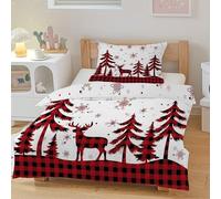 CCZM Housse de Couette 140x200 Noël, Parure de Lit 1 Personne Imprimée Sapin De Noël Rennes, Linge de Lit Carreaux Buffalo Réversible avec 2 Taie d'oreiller, Fermeture Éclair, F-167