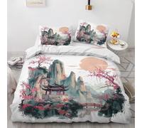 CCZM Housse de Couette 200x200 Style Japonais, Parure de Lit 2 Personnes Imprimée Fleur De Cerisier Montagne, Linge de Lit Paysage Réversible avec 2 Taie d'oreiller, Fermeture Éclair, F-310