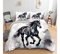 CCZM Housse de Couette 220x240 Cheval Noir, Parure de Lit 2 Personnes Imprimée Étalon Au Galop Lavis D’Encre, Linge de Lit Artistique Réversible avec 2 Taie d'oreiller, Fermeture Éclair, F-501
