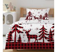 CCZM Housse de Couette 220x240 Noël, Parure de Lit 2 Personnes Imprimée Sapin De Noël Rennes, Linge de Lit Carreaux Buffalo Réversible avec 2 Taie d'oreiller, Fermeture Éclair, F-167