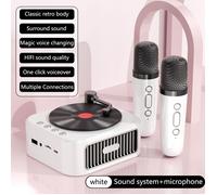 CD player mini blanc + 2 micros, Bluetooth, rétro, stéréo, FM radio, basses puissantes, USB/TF, mains libres