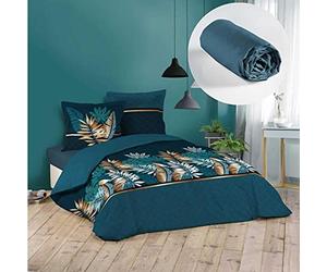 CDAFFAIRES Pack Housse de Couette 220x240 cm Alianor + Drap Housse 140x190 Bleu