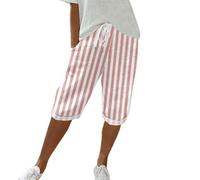 cdbsdvico Short Long Femme Lin - Short D'éTé - Shorts Et Bermudas Femme - Taille éLastique - Genou - Rayé - Respirants Léger DéContractéE Plage Pantalon Court avec Cordon de Serrage et Poches