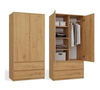 CDF Armoire à 2 Portes Meuble de Rangement Armoir Chambre 2 Tiroirs Polyvalent avec 3 Étagères Placard Multifonction pour Entrée Salon Chambre Bureau Chêne Artisan Armoire avec Penderie