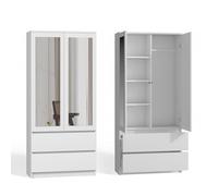 CDF Armoire à 2 Portes Meuble de Rangement Armoir Chambre avec Miroir 2 Tiroirs avec 3 Étagères Placard Multifonction pour Entrée Salon Chambre Bureau Blanc Armoire avec Penderie