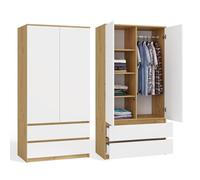 CDF Armoire Chambre 2 Portes 2 Tiroirs avec Etagères, Adult Bedroom Armoire Une Tringle Dressing Placard Multifonction Meuble de Penderie Panneau Stratifié 16mm Largeur 90 cm Chêne Artisan/Blanc