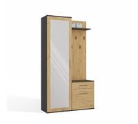 CDF Armoire Entrée Miroir Coulissant Porte-Manteau Panneau Crochets Chaussures Vestes Tiroir, Meuble Hall Couloir Rangement Design Bicolore Anthracite Artisan Moderne, Dimensions 35x50x180 cm, 63 kg